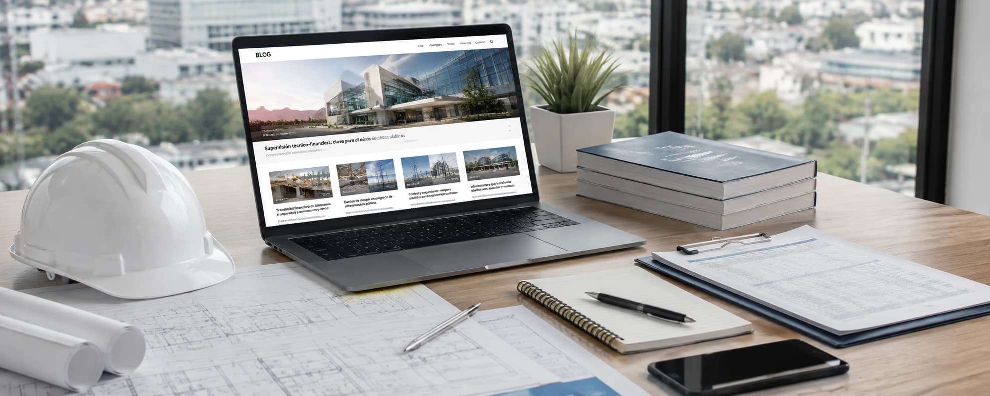 Espacio de trabajo con planos, equipo de seguridad y contenidos técnicos de infraestructura