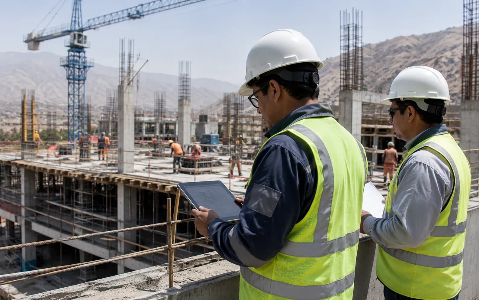 Ingenieros realizando una supervisión técnica de campo en una obra de infraestructura