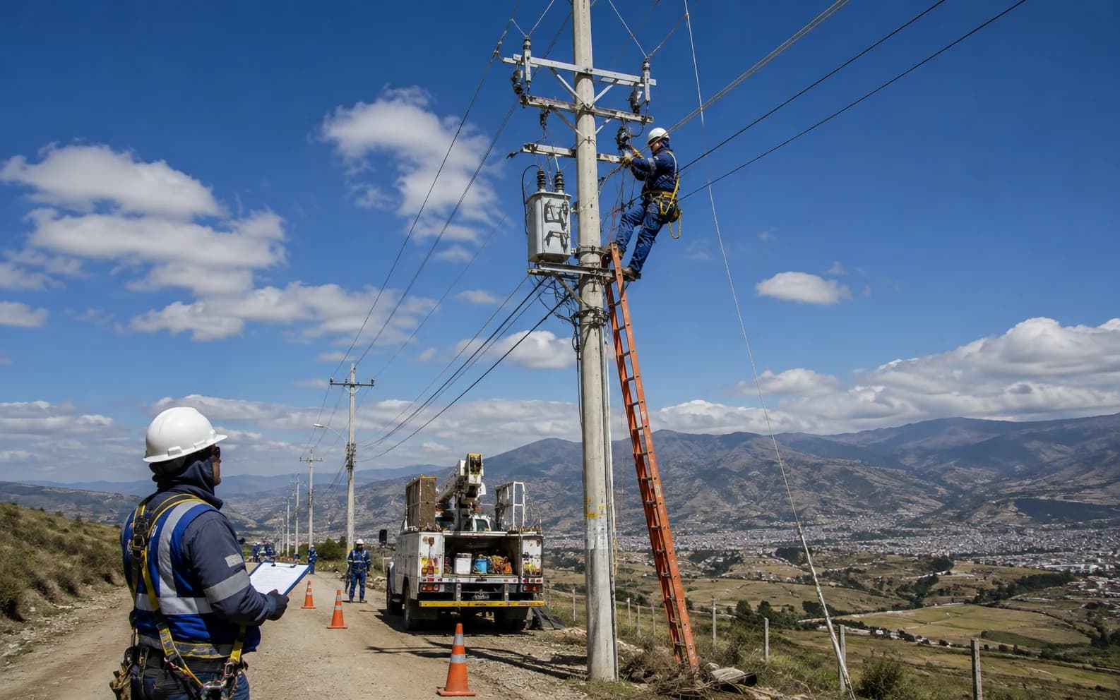 Infraestructura de electrificación con redes de distribución y personal técnico en campo